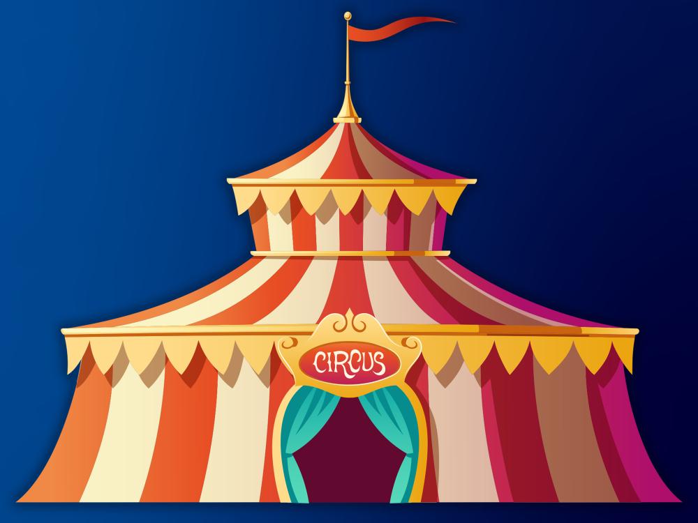 Circus tent with red and white stripes on carnival funfair, amusement park.