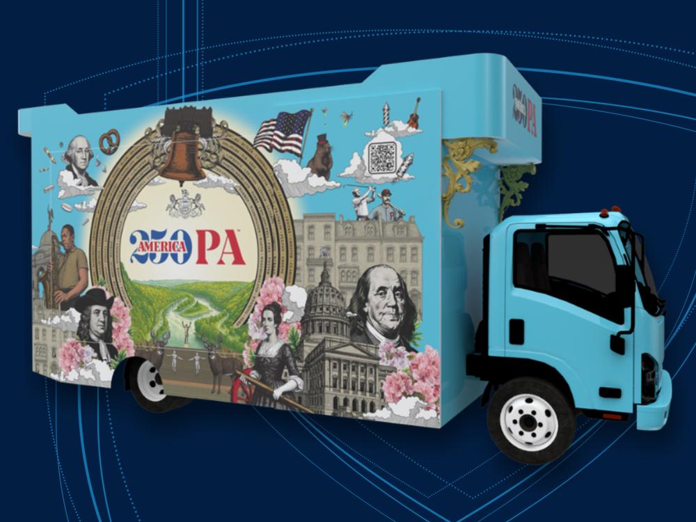 America250PA mobile unit, a blue truck with images related to America's founding