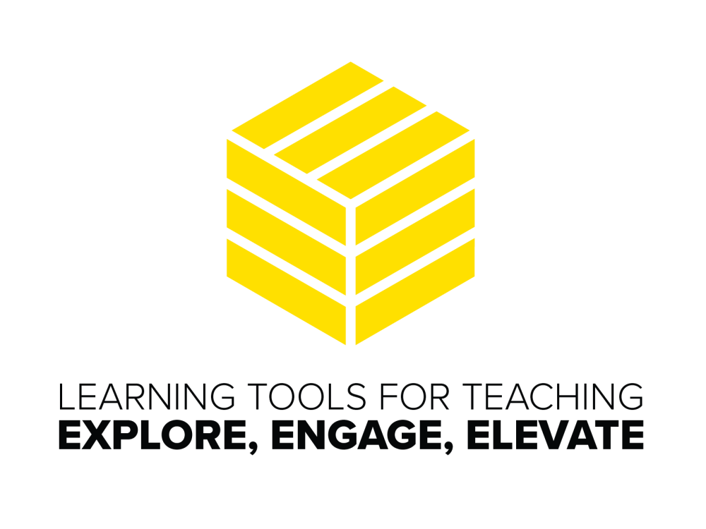 A logo that has a bold yellow geometric cube made of stacked parallelograms appears above the text. Below the image includes the phrase “LEARNING TOOLS FOR TEACHING” in uppercase, thin black letters. Below it, the words EXPLORE, ENGAGE, ELEVATE are written in bold uppercase black letters.