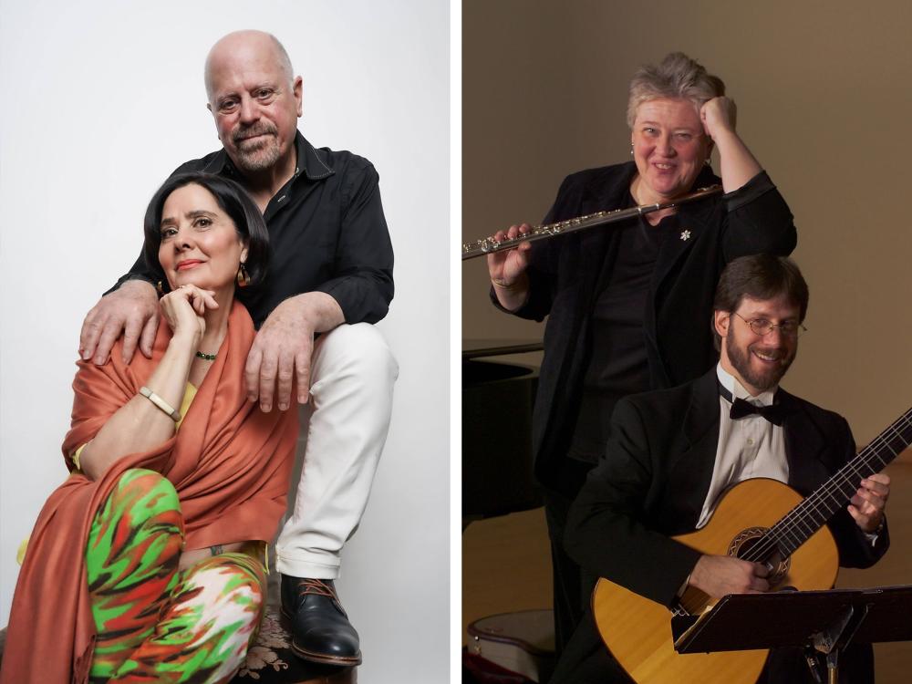 Man and woman on the left and another man and woman on the right with guitar and flute
