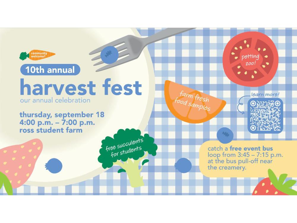 clip art showing veggies and fruits with description of the Fall Fest at the Farm