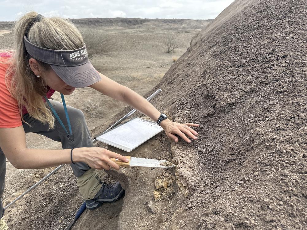 Erin DiMaggio collecting a sample of an altered volcanic ash deposit.
