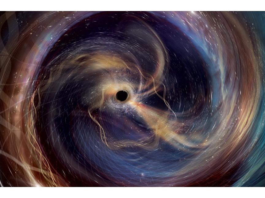 Illustration with merging black holes at center, surrounded by swirling representation of gravitational waves