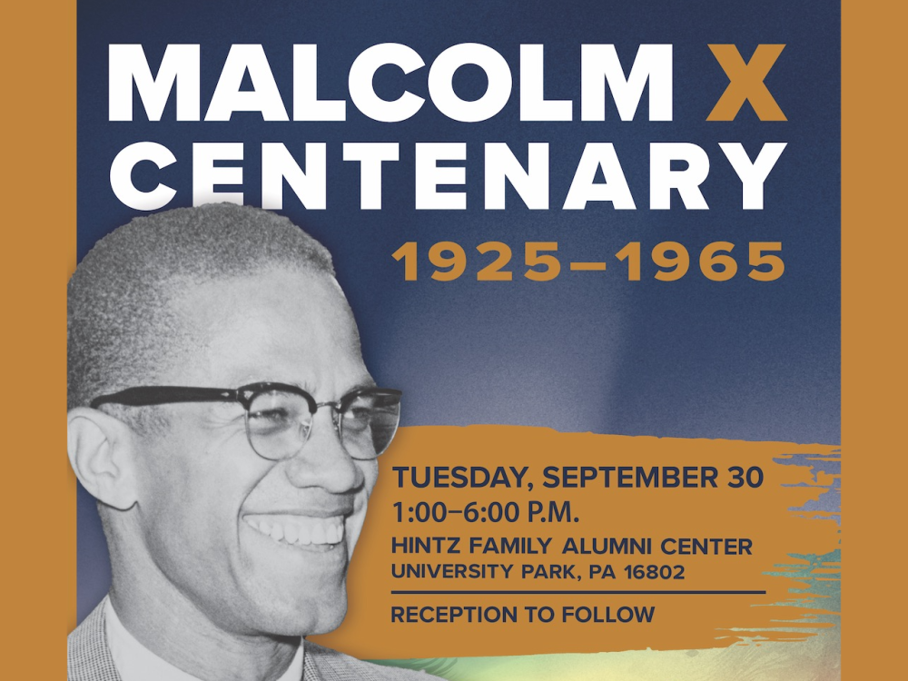 Malcolm X Centenary event poster with a smiling man wearing glasses