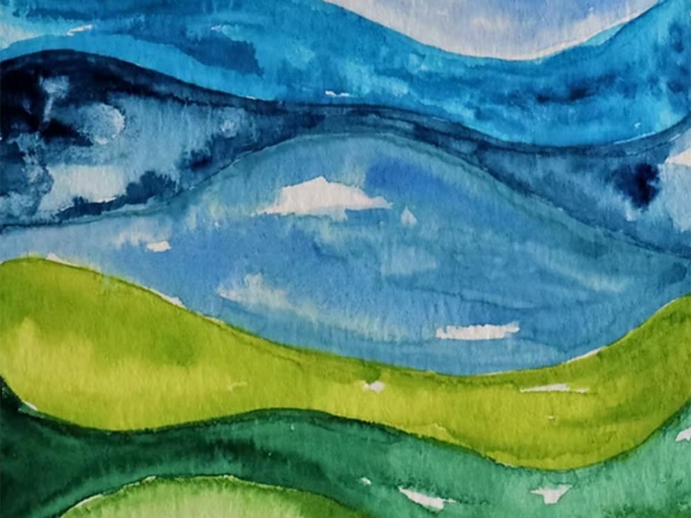 Abstract watercolor painting of rolling green hills beneath layered blue mountains and sky.