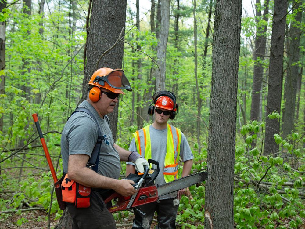 Two people wearing protective gear in the woods. One is holding a chainsaw.