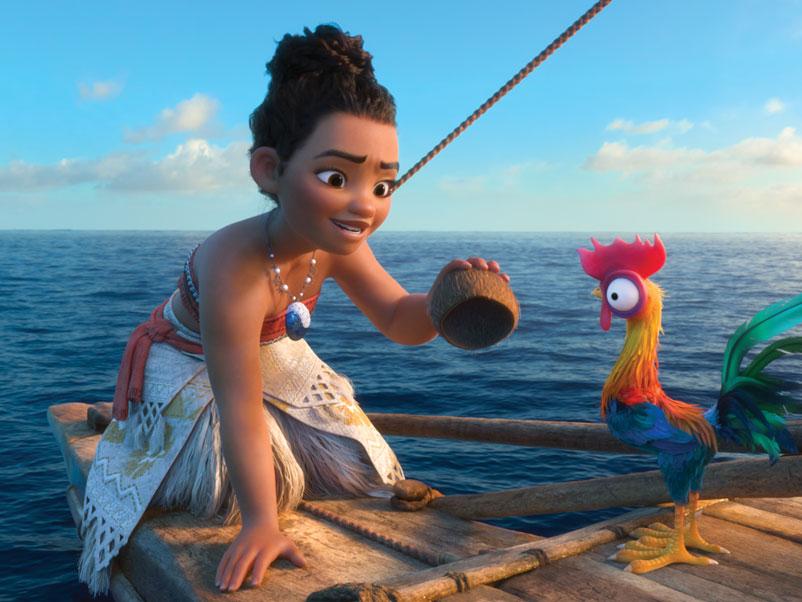 An animated film still shows a young girl and a rooster on a raft.