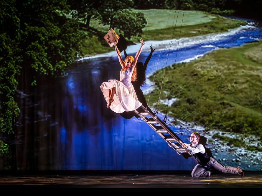 A dancer sits on one end of a ladder while a man holds the other end.