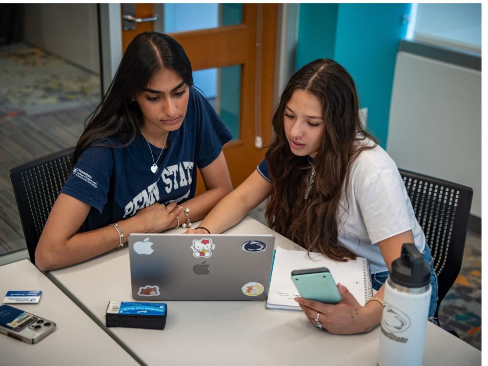 two Penn State students share laptop