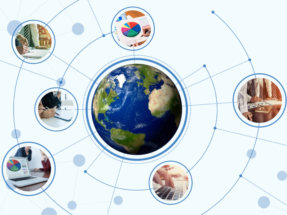 Globe surrounded by images of people working, analyzing data and collaborating, connected by lines symbolizing global teamwork.