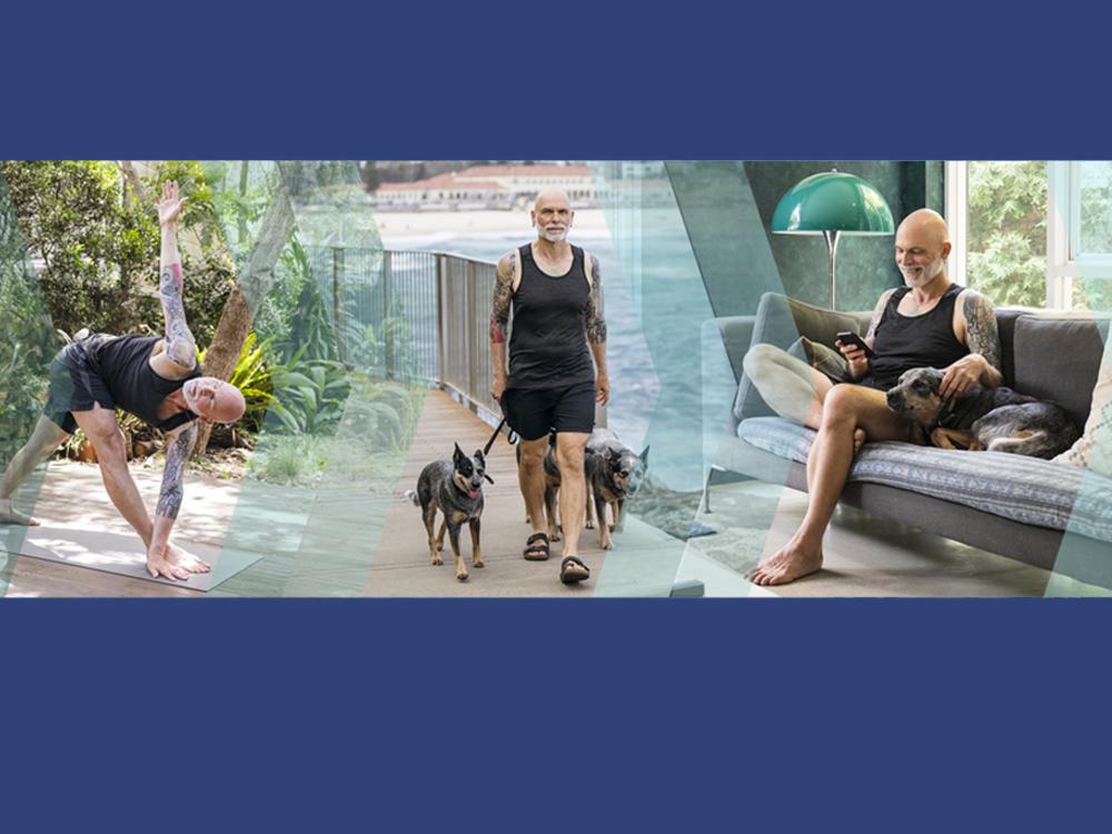 Three images connected by arrows: a person doing yoga, the same person walking two dogs on a boardwalk, the same person sitting on a couch looking at his phone.
