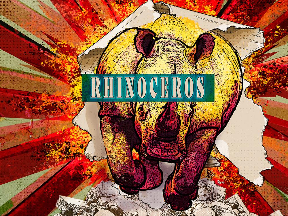 A large rhinoceros bursts out of a background of bright orange and yellow