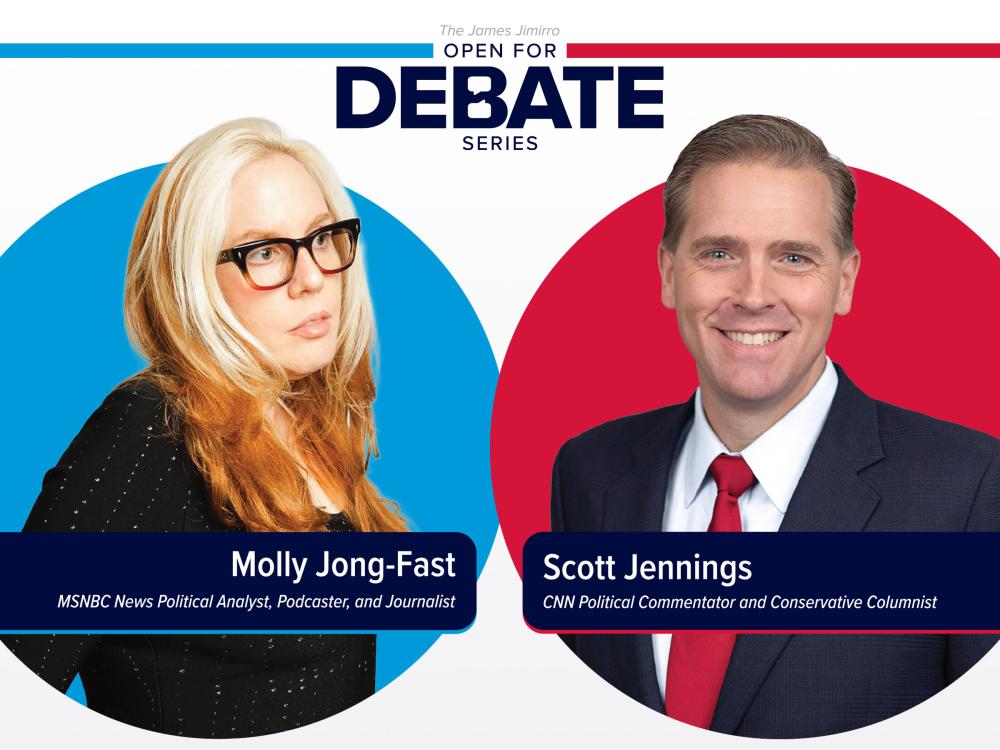 Open For Debate event banner shows headshots of two people side-by-side
