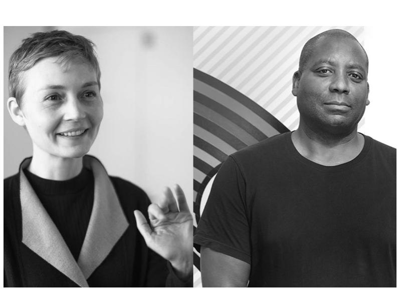 Side by side black and white head shots of Heather Dewey-Hagborg and Rico Gatson