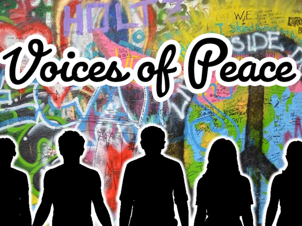 Voices of Peace written above the shadows of people holding hands in front of graffiti
