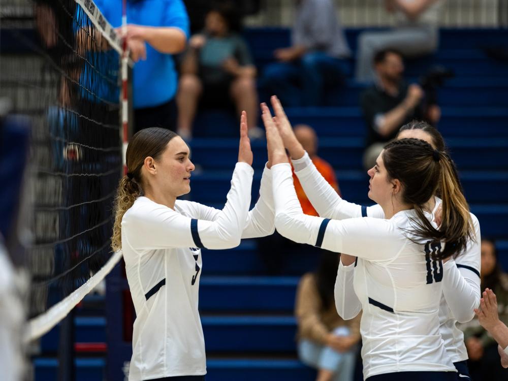 Two members of the Penn State Behrend women's volleyball team high-five after scoring a point.