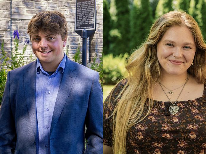 Side by side portrait photos, on the left a young man wearing a blue suit and on the right a young woman wearing a brown dress