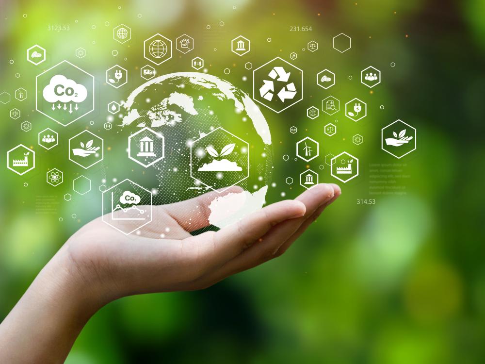 ESG icon concept. Environment, society and governance. Energy of natural gas sustainable and ethical business on network connection on green background.
