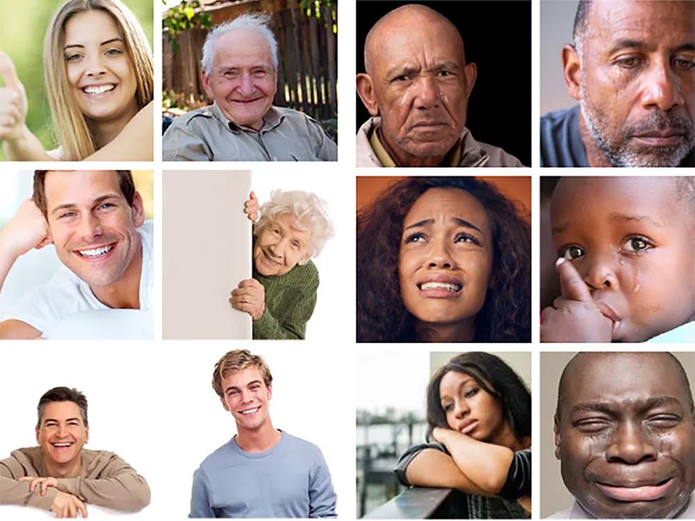 A collage of happy white faces and unhappy Black faces
