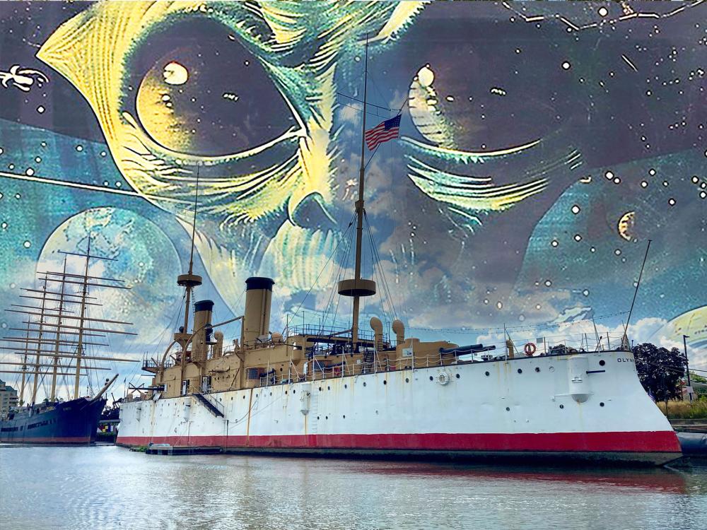 Photo illustartion of an alien looking over the top of a warship