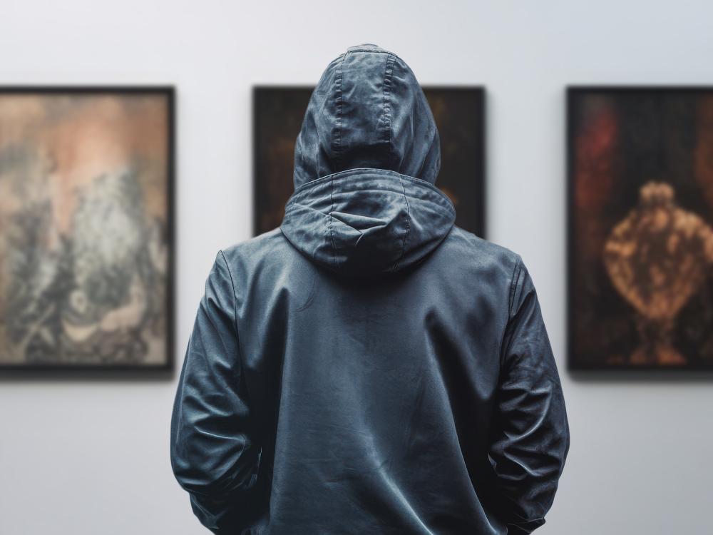 A person in a hoodie looks at paintings hanging on a wall.