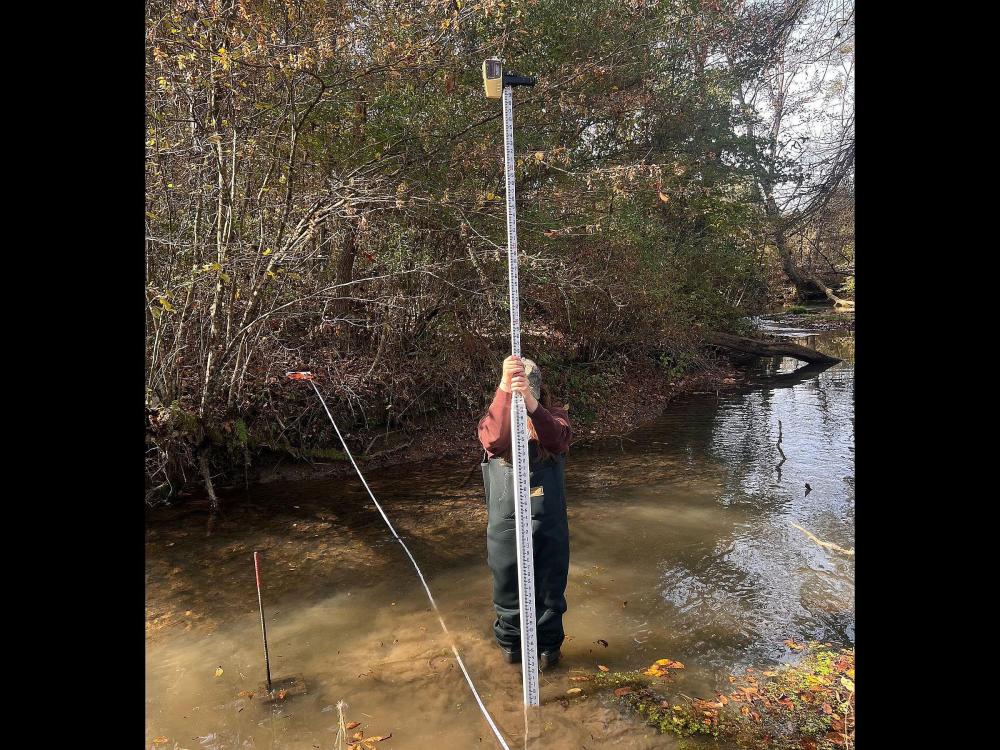 Olivia Byers doing a field survey in a stream for conservation