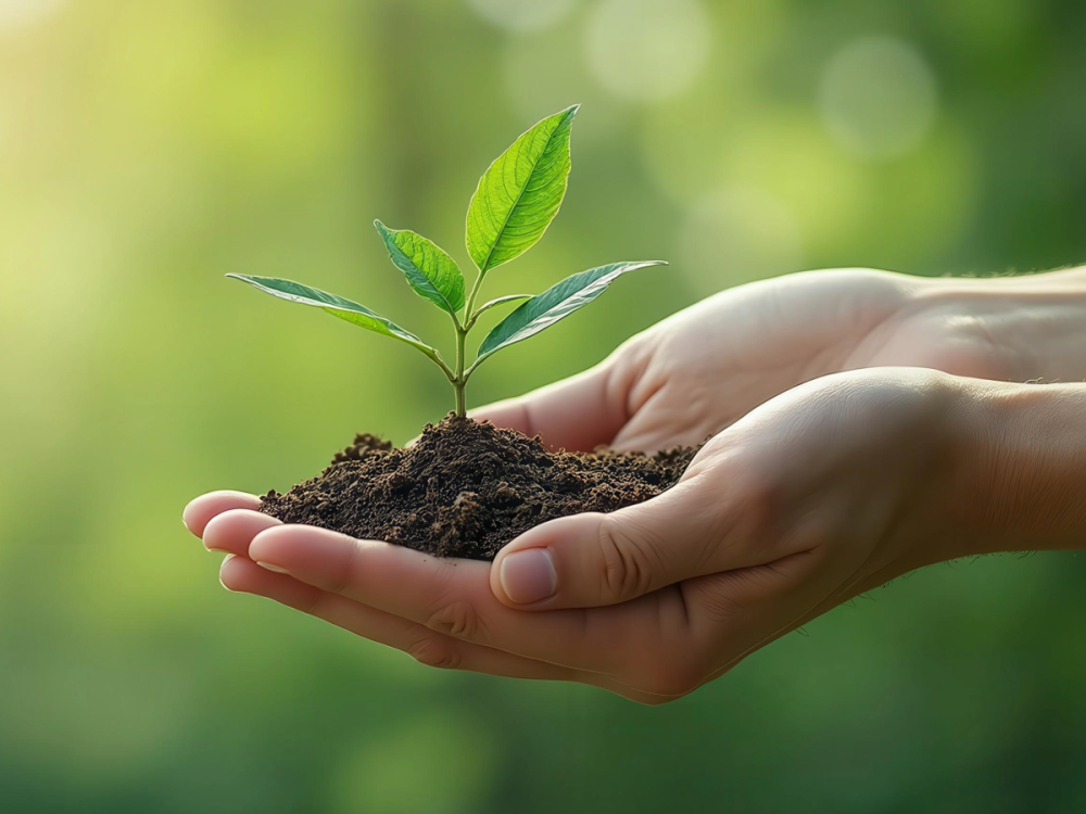 Hands holding dirt with a seedling and a green background