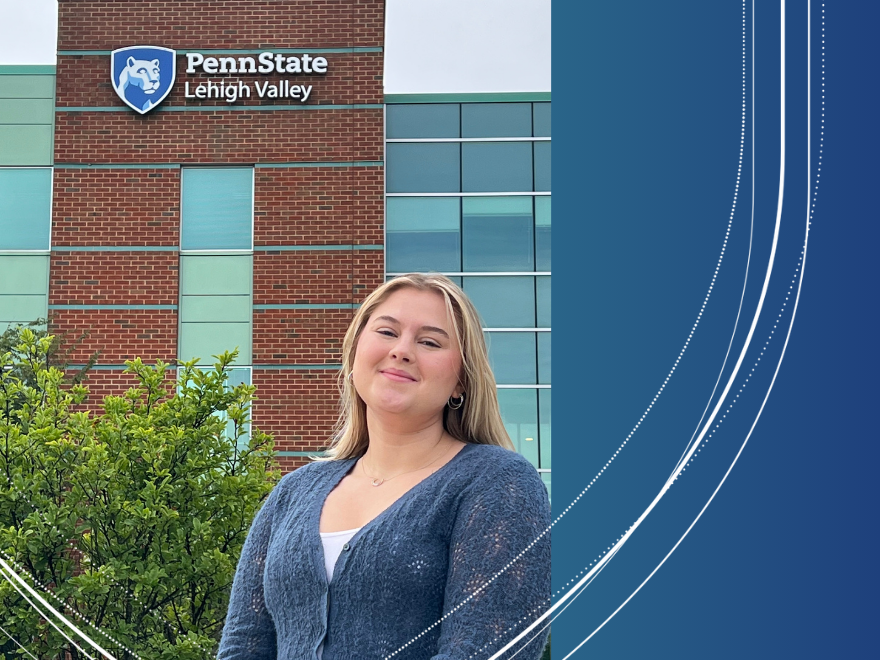 Meredith Howell, engineering student, smiles in front of the Penn State Lehigh Valley campus exterior