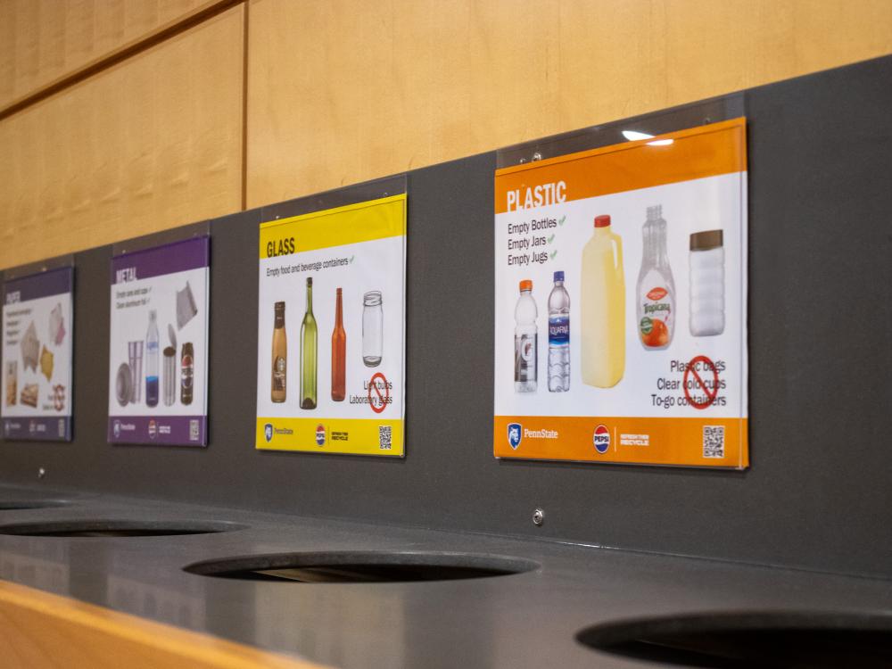 Waste station with recycling signs