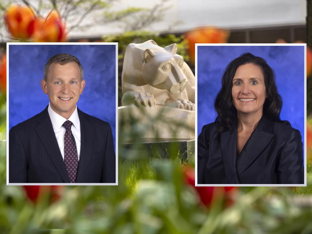 Professional headshot photos of Kyle Snyder and Tracy Moyer are placed over the image of a Penn State Nittany Lion statue that’s in a garden setting.