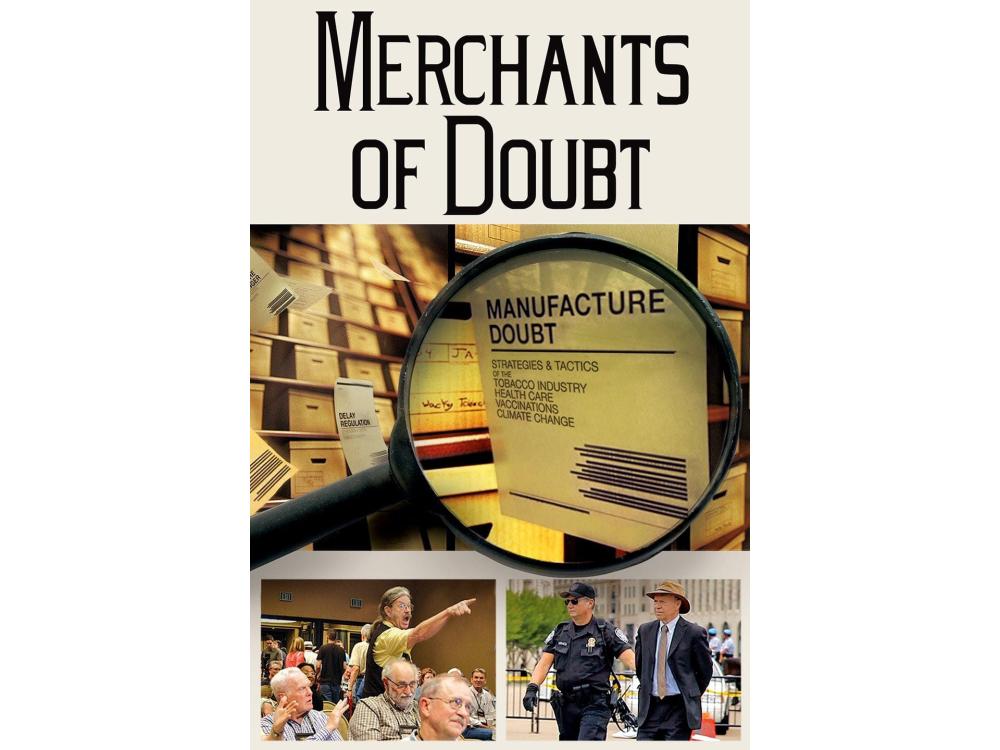 Poster for the film Merchants of Doubt, with people protesting disinformation