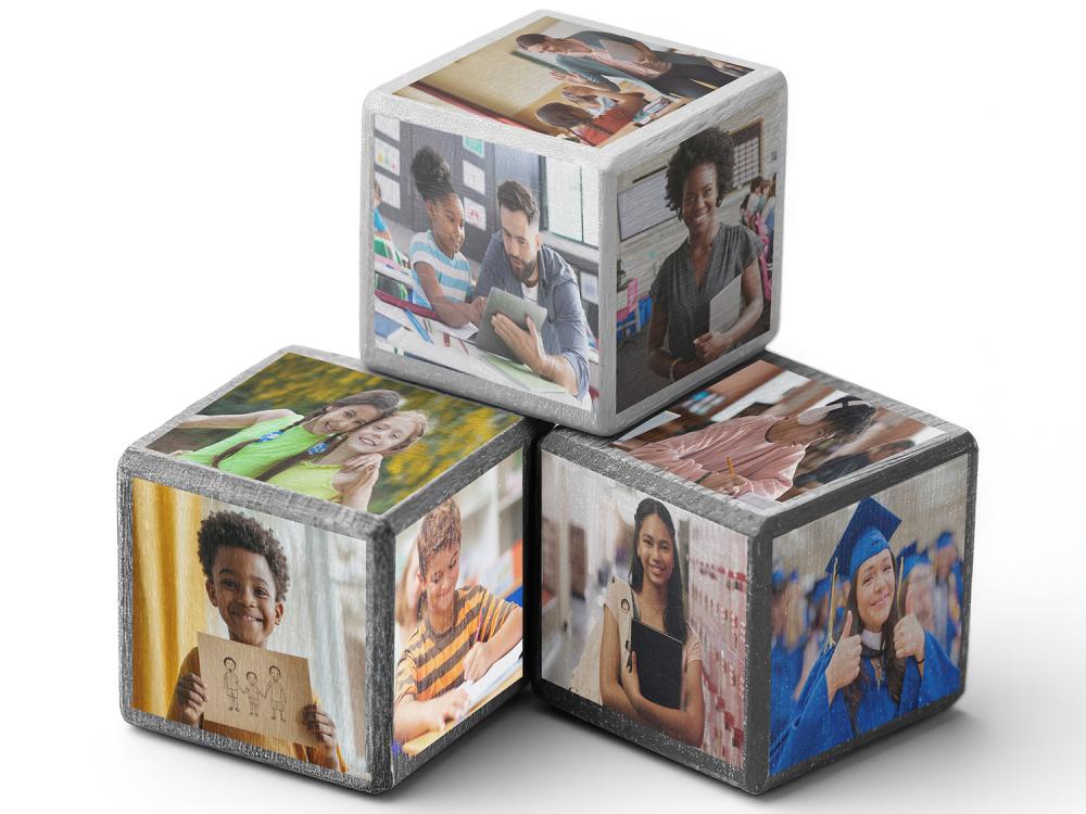 blocks displaying photos of teachers and students engaged in learning and play