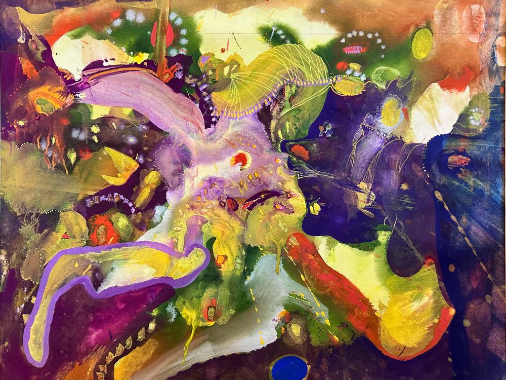 Abstract painting with vibrant swirls of purple, yellow, green, and red blending into organic, dreamlike shapes.