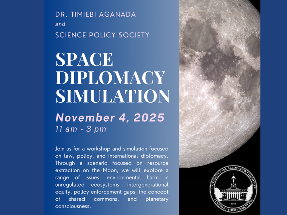 Promotional graphic for Space Diplomacy Simulation workshop listing date and time, November 4, 2025, 11 am to 3 pm. Refer to details of news story for more information.