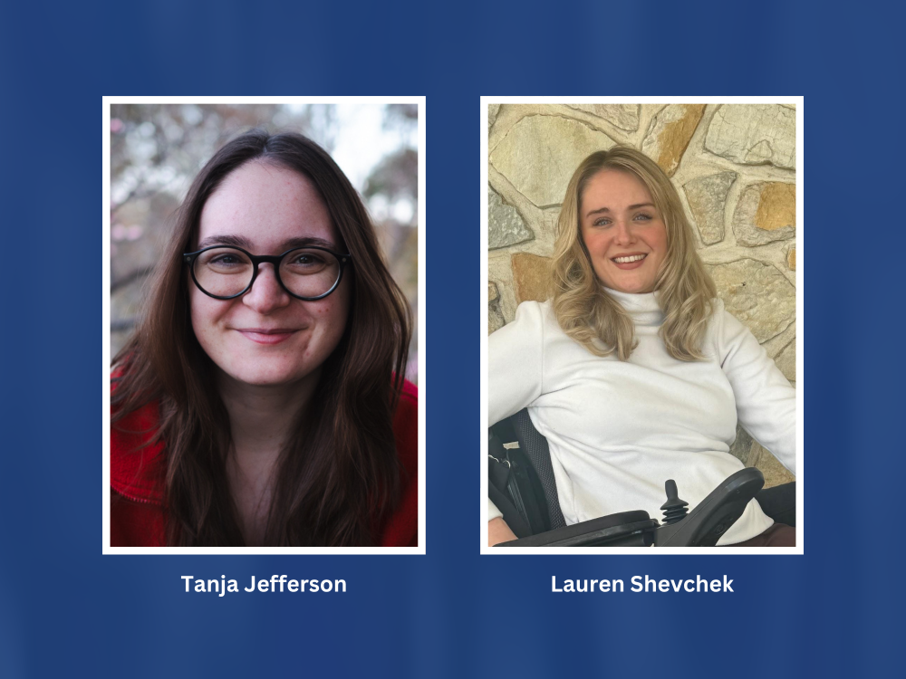 A collage photo of two women. White text on blue background: "Tanja Jefferson. Lauren Shevchek."