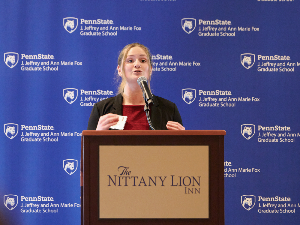 Tricia Hart, the winner of Penn State's 2024-25 Three Minute Thesis competition, presenting during the final round of the competition