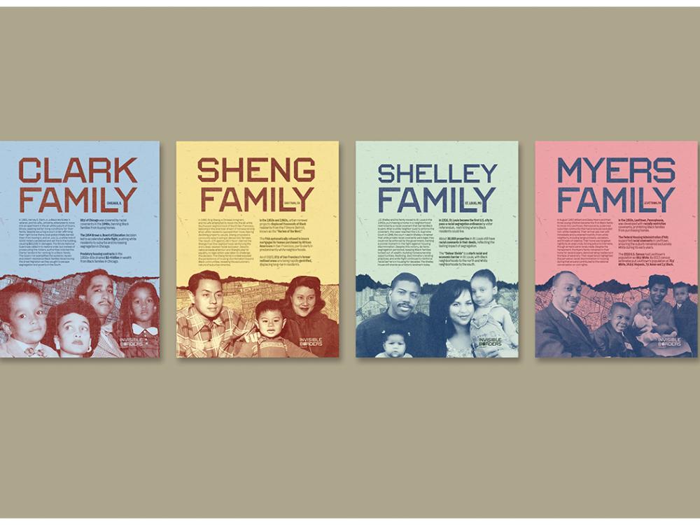 Four posters mounted on a wall, each featuring a different family portrait and labeled with their family names: Clark Family, Sheng Family, Shelley Family, and Myers Family. The posters are colored blue, yellow, green, and red respectively.