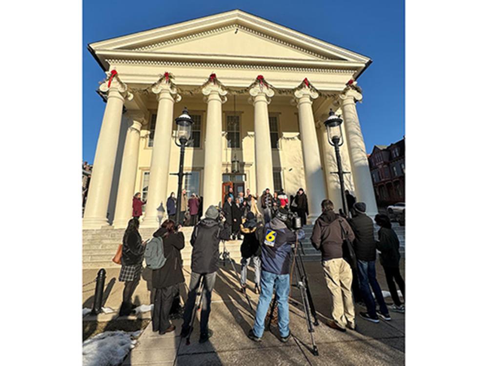 Press conference outside of a courthouse