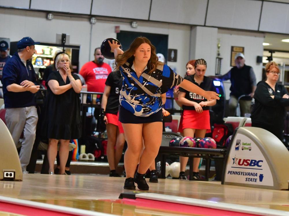 Penn State Behrend bowler Lillie Holt prepares to roll the ball.