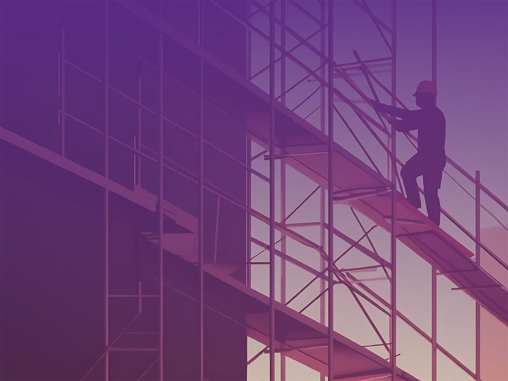 Silhouette of a construction worker climbing scaffolding against a purple and orange sky, symbolizing progress and labor.