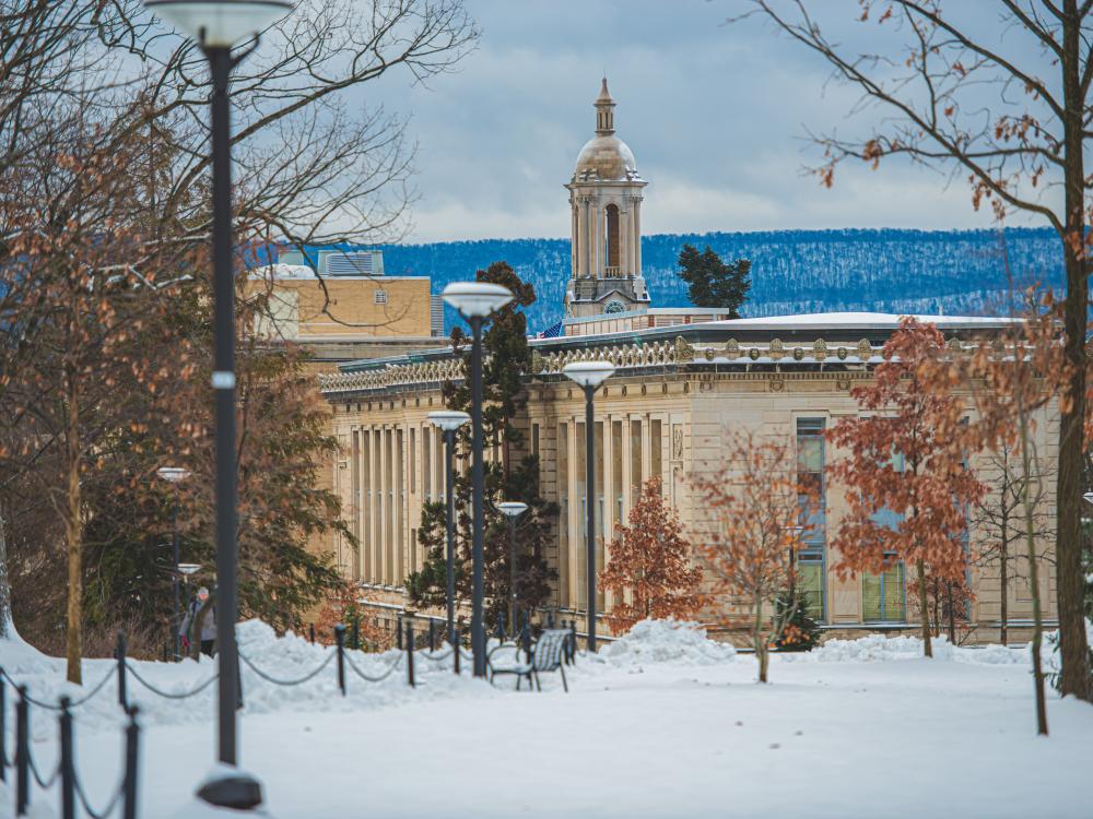 Penn State's Old Main Building with snow