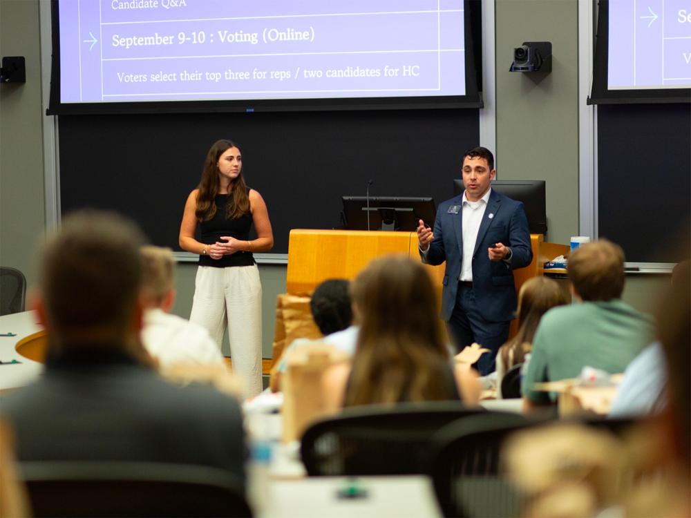 AJ Fink, as Student Bar Association president at Penn State Dickinson Law, speaking to first-year law students during their orientation.