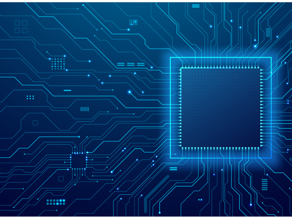 Blue square with circuit board thin wires and lines.