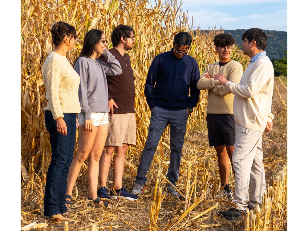 Six people wearing sweaters stand in a field. 