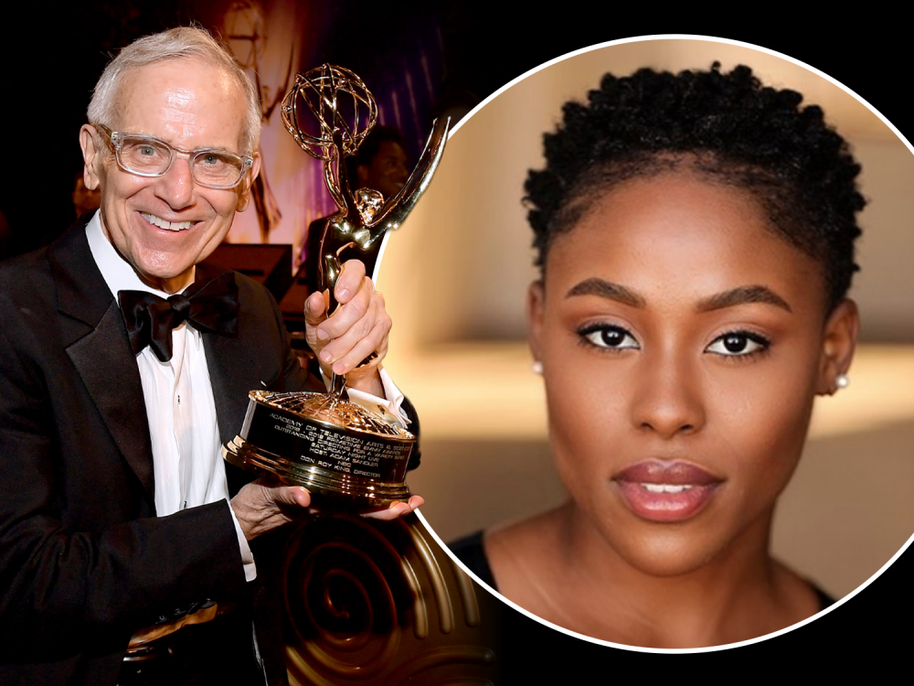 Tuxedoed man holding an award and an inset of a woman with dark hair