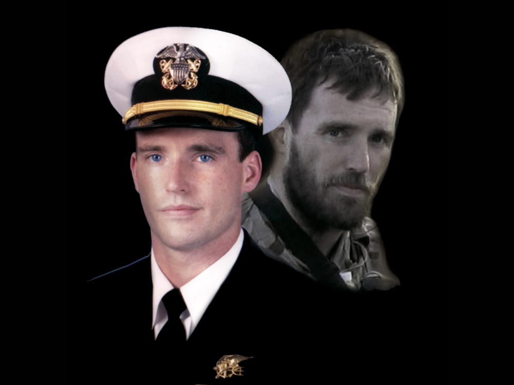 A collage photo of Michael Murphy wearing a dress military uniform and camouflaged military uniform.
