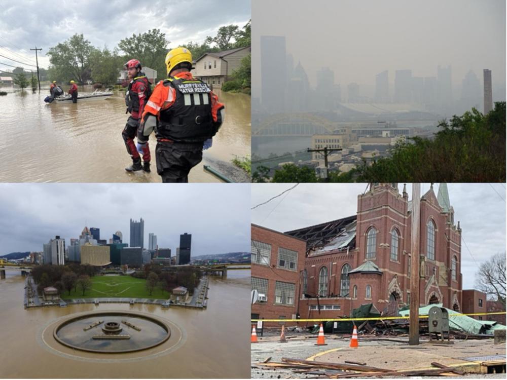 A collage of four images showing climate impacts in western Pennsylvania: rescue workers navigating floodwaters in a residential area; Pittsburgh’s skyline obscured by heavy smoke; Point State Park surrounded by floodwaters; and a damaged brick church with part of its roof collapsed after a storm.