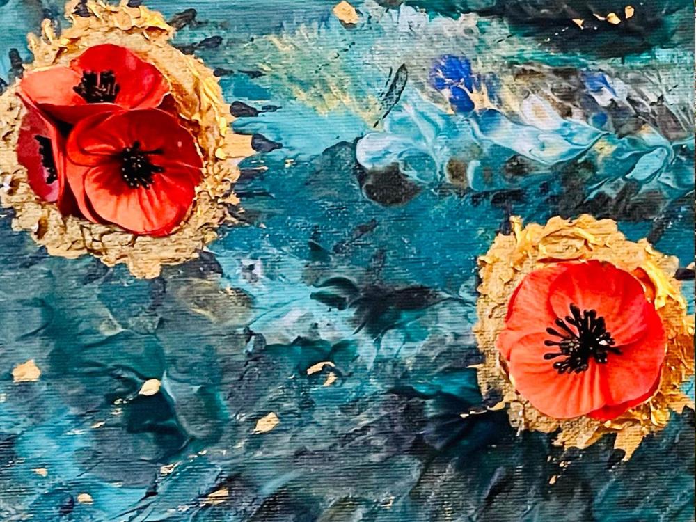 poppies on top of pour paint