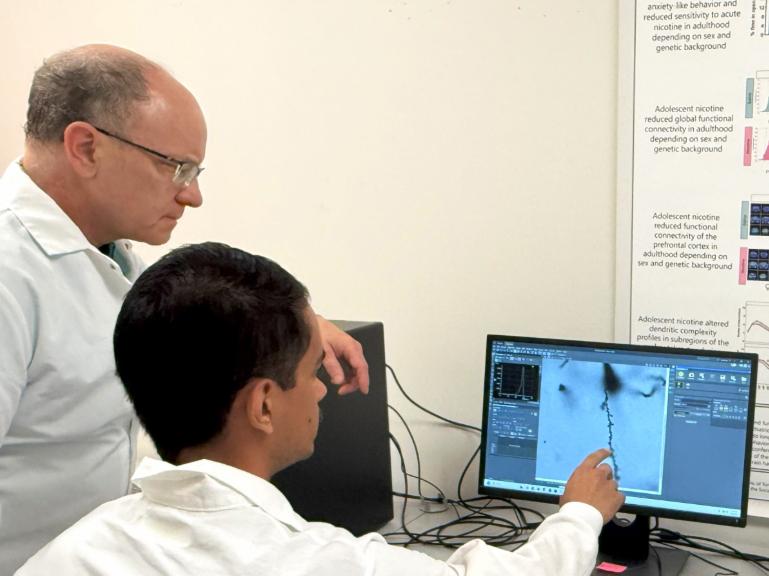 Two people looking at a computer screen with a medical scan image on it