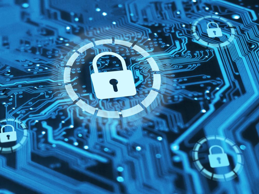 llustration of a digital circuit board in blue tones with glowing padlock icons, symbolizing cybersecurity and data protection.